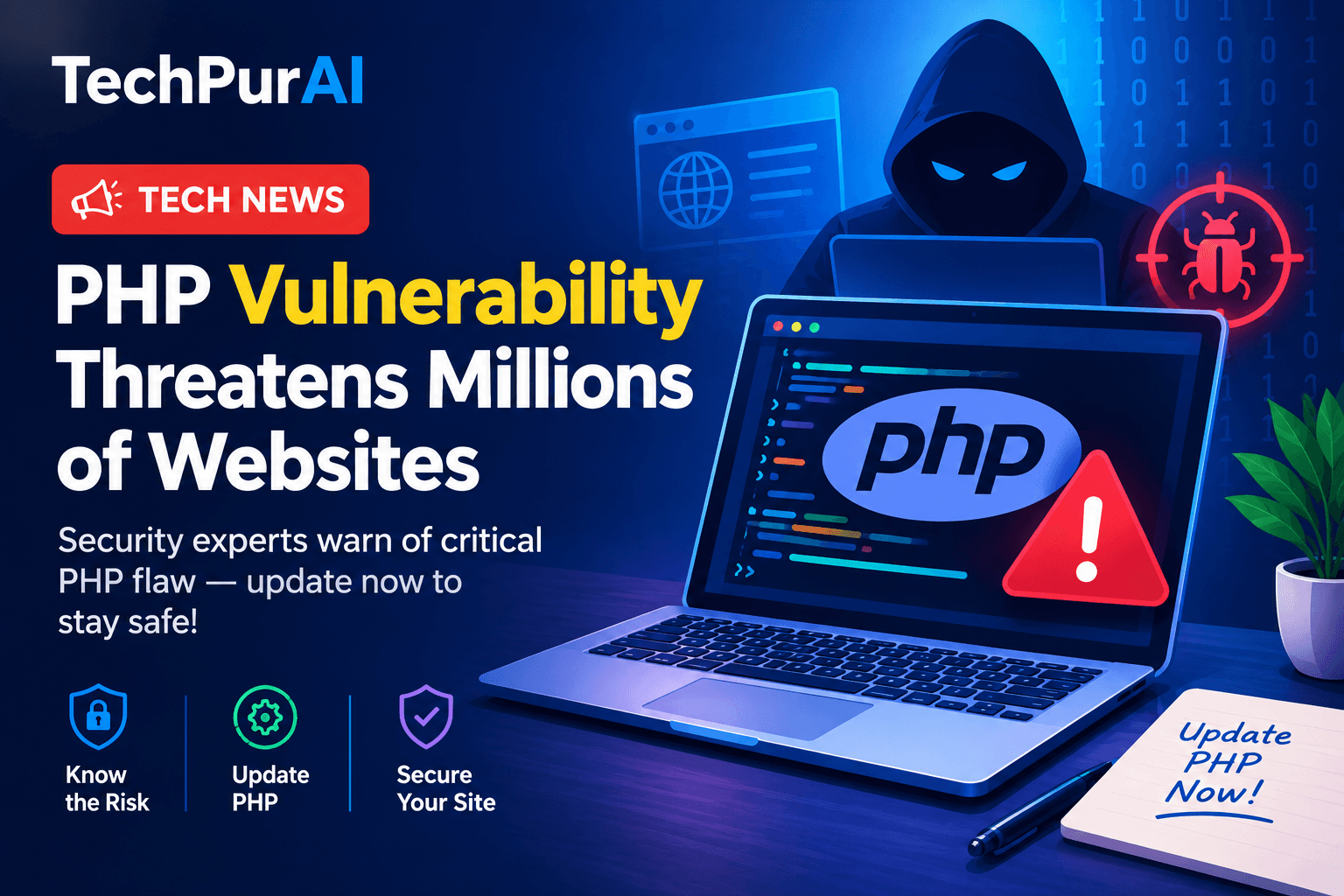 TechPurAI tech news graphic warning that a PHP vulnerability threatens millions of websites, showing a hooded figure behind a laptop with the PHP logo and a red warning triangle