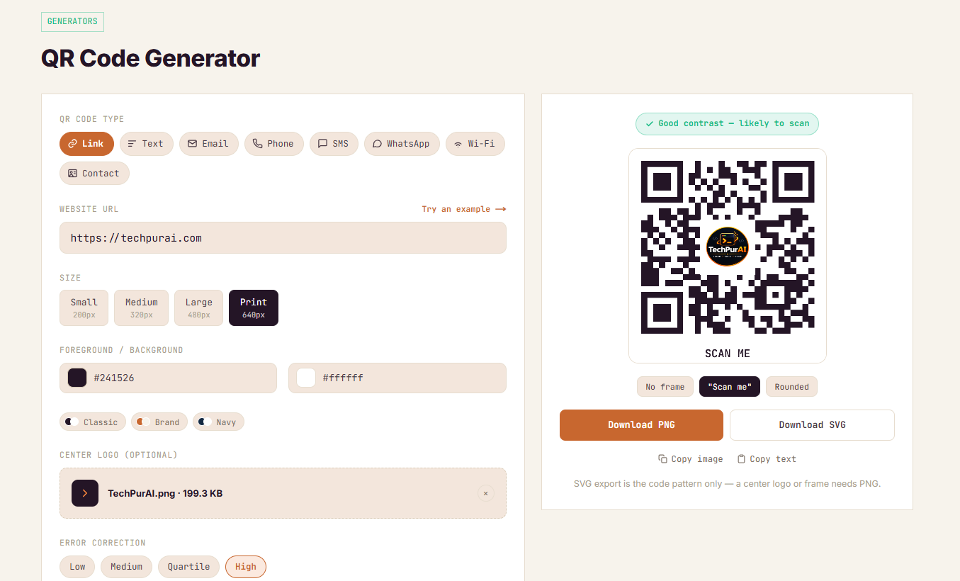TechPurAI's QR code generator showing a custom terracotta color scheme, a centered logo, the Scan Me frame, and a Good Contrast badge